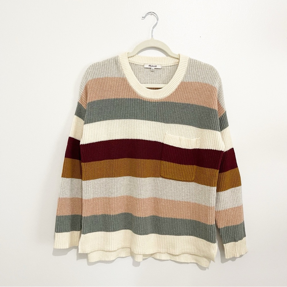 Madewell Thompson Pocket Pullover Sweater in Rainbow Stripe Cotton Blend Size S - Picture 4 of 10